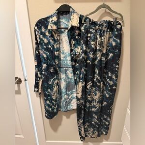 Mango Blue and Cream Tie-Dye Pants and blouse set
